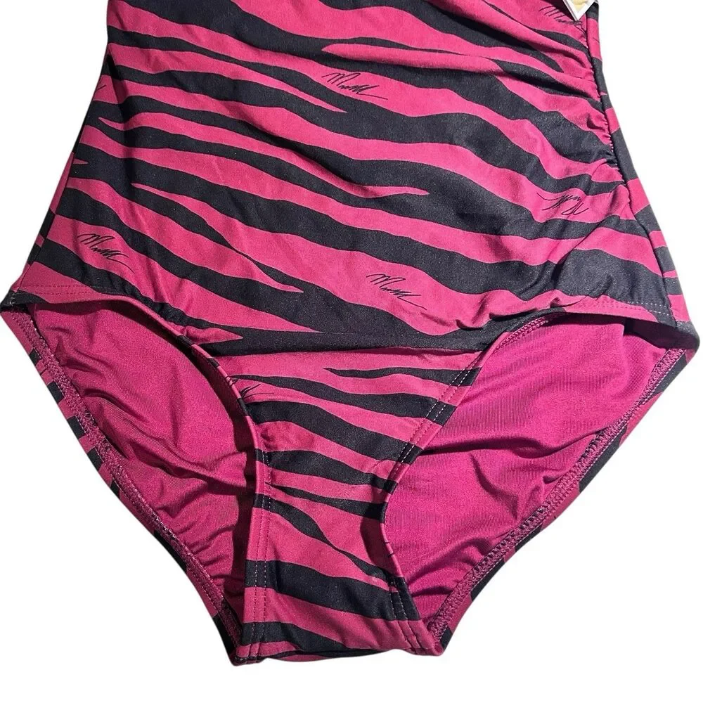 Michael Kors Animal Print One Piece Swimsuit One Shoulder Ruby Black Sz 4 NWT